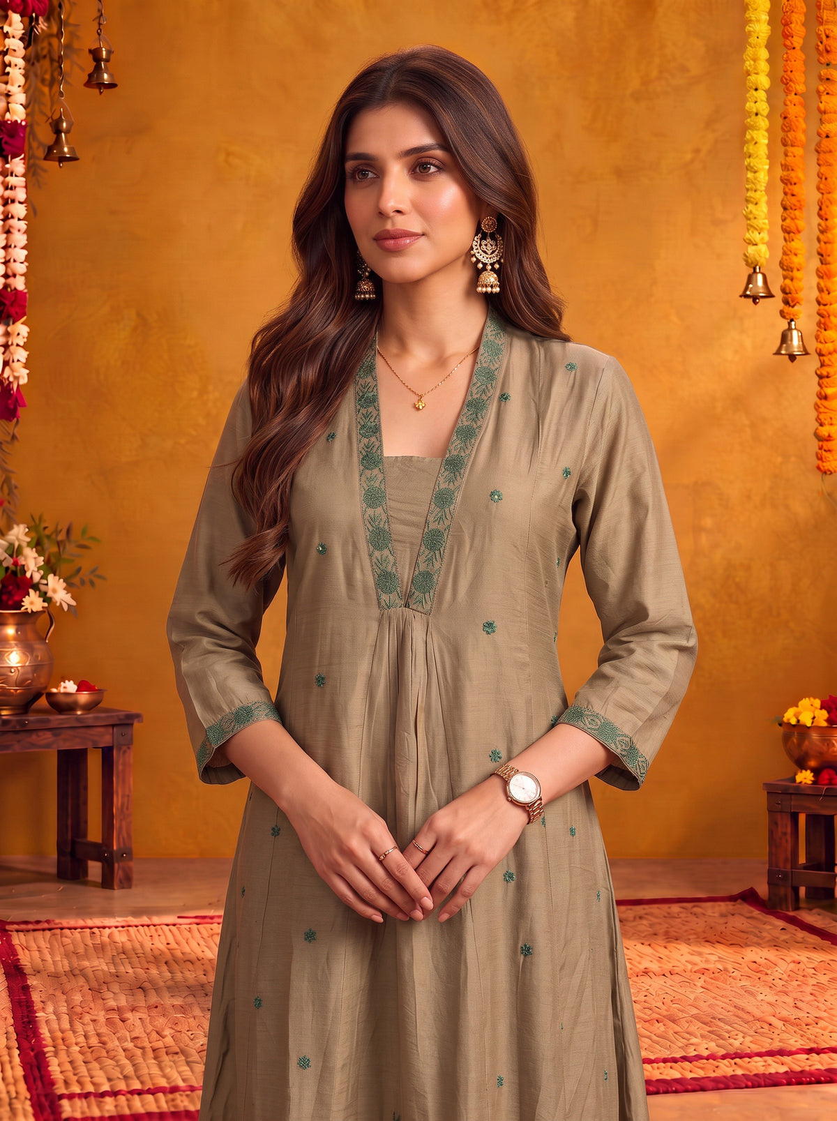 Viscose Embroidered Flared Calf Length Kurta