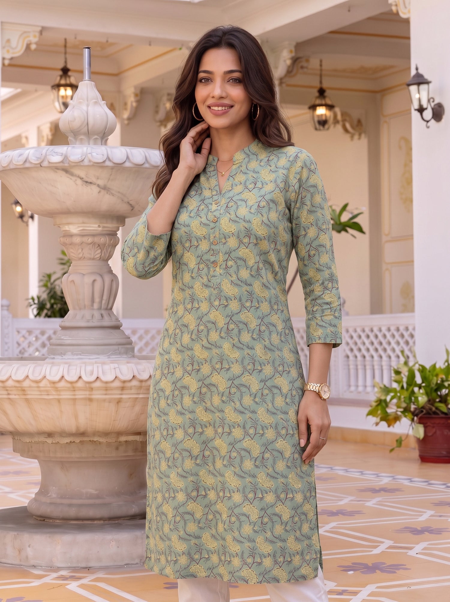 Buy Cotton Printed Straight Knee Length Kurta-Green