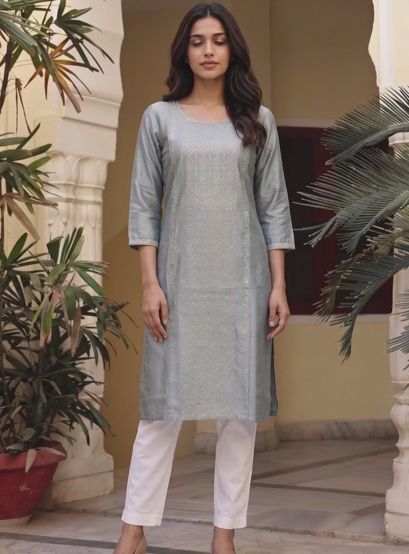 Buy Viscose Printed Straight Knee Length Kurta-Grey