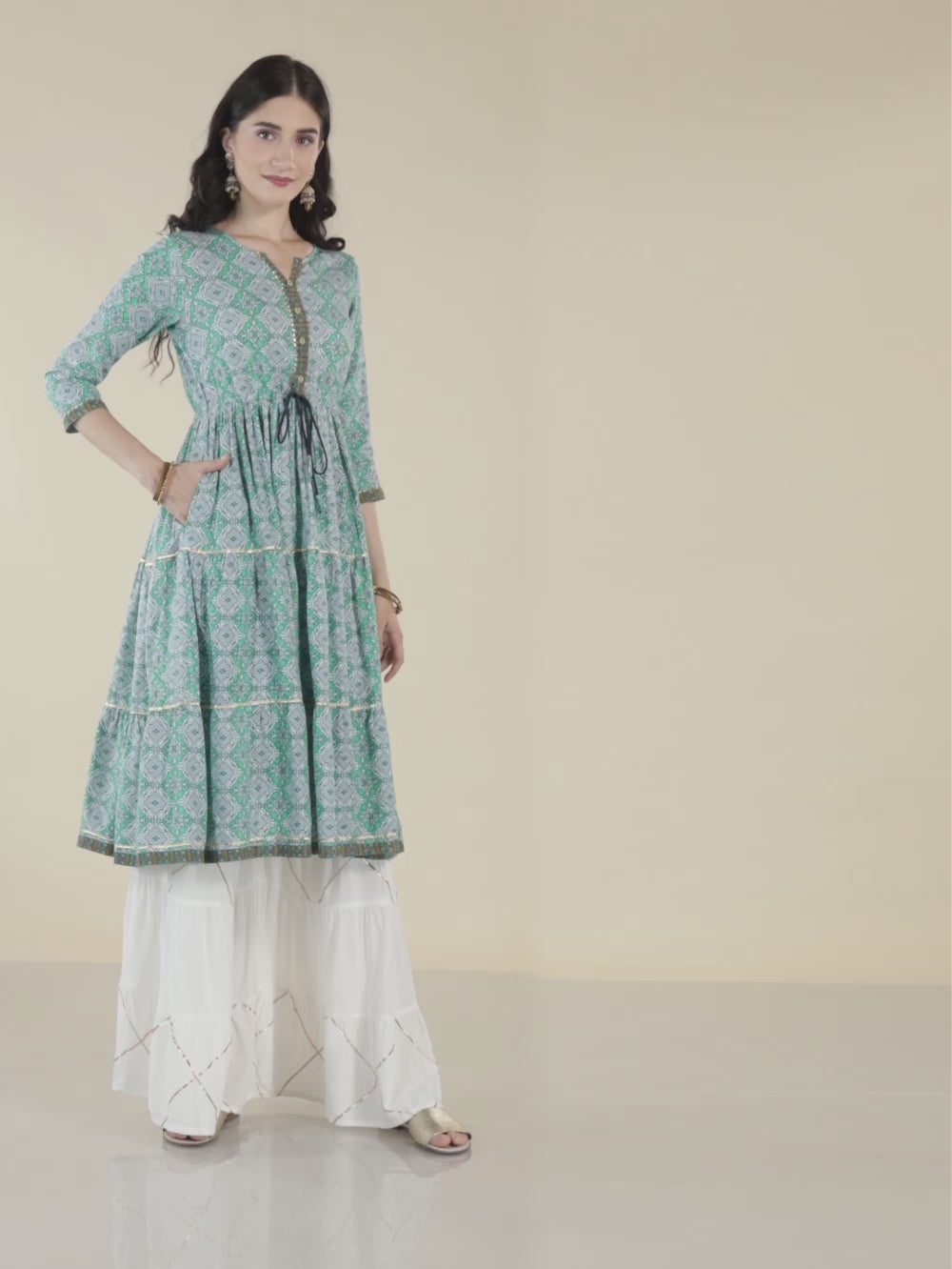 Buy Rayon Printed Calf Length Tiered Kurta-Teal