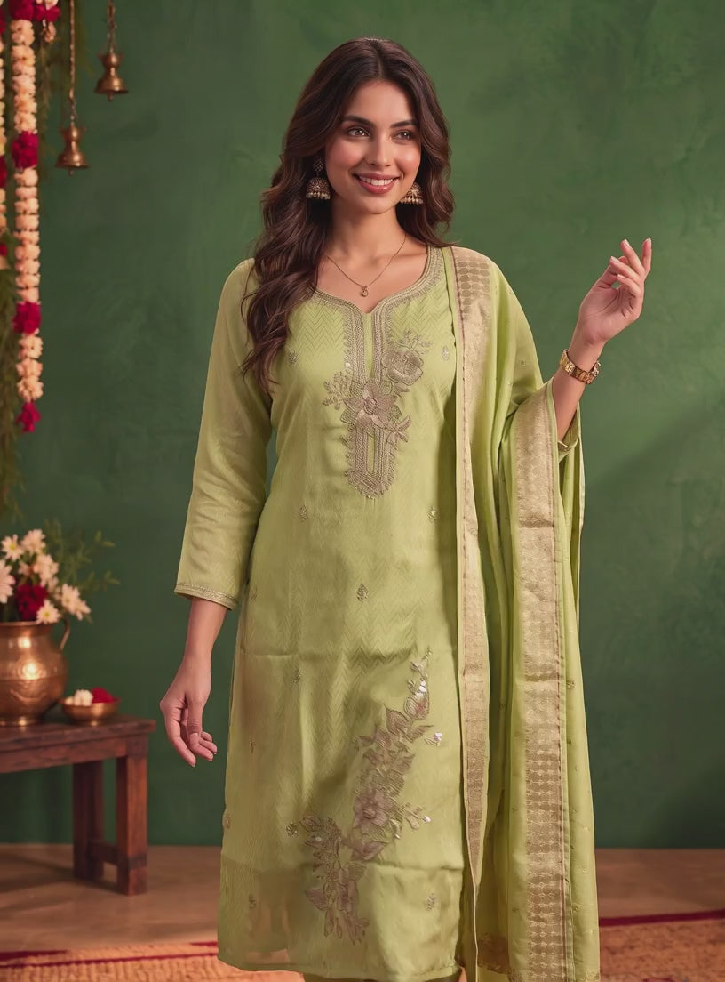 Buy Viscose Embroidered Straight Calf Length Kurta With Pant and Dupatta-Pista Green