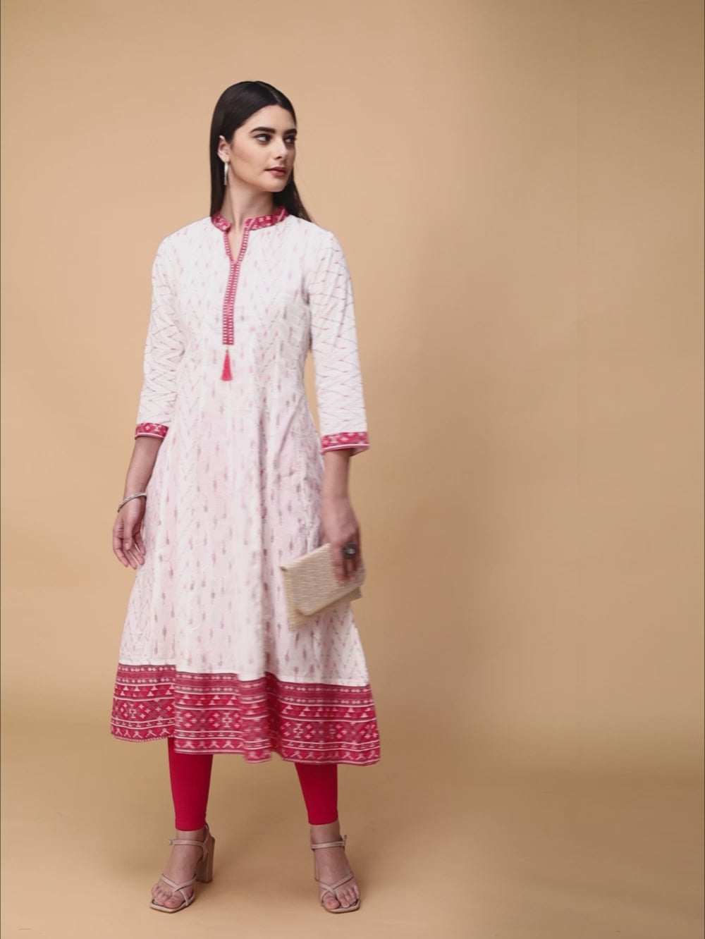 Buy 100% Cotton Contrast Placket Ikat Printed Calf Length Anarkali Kurta-Off White