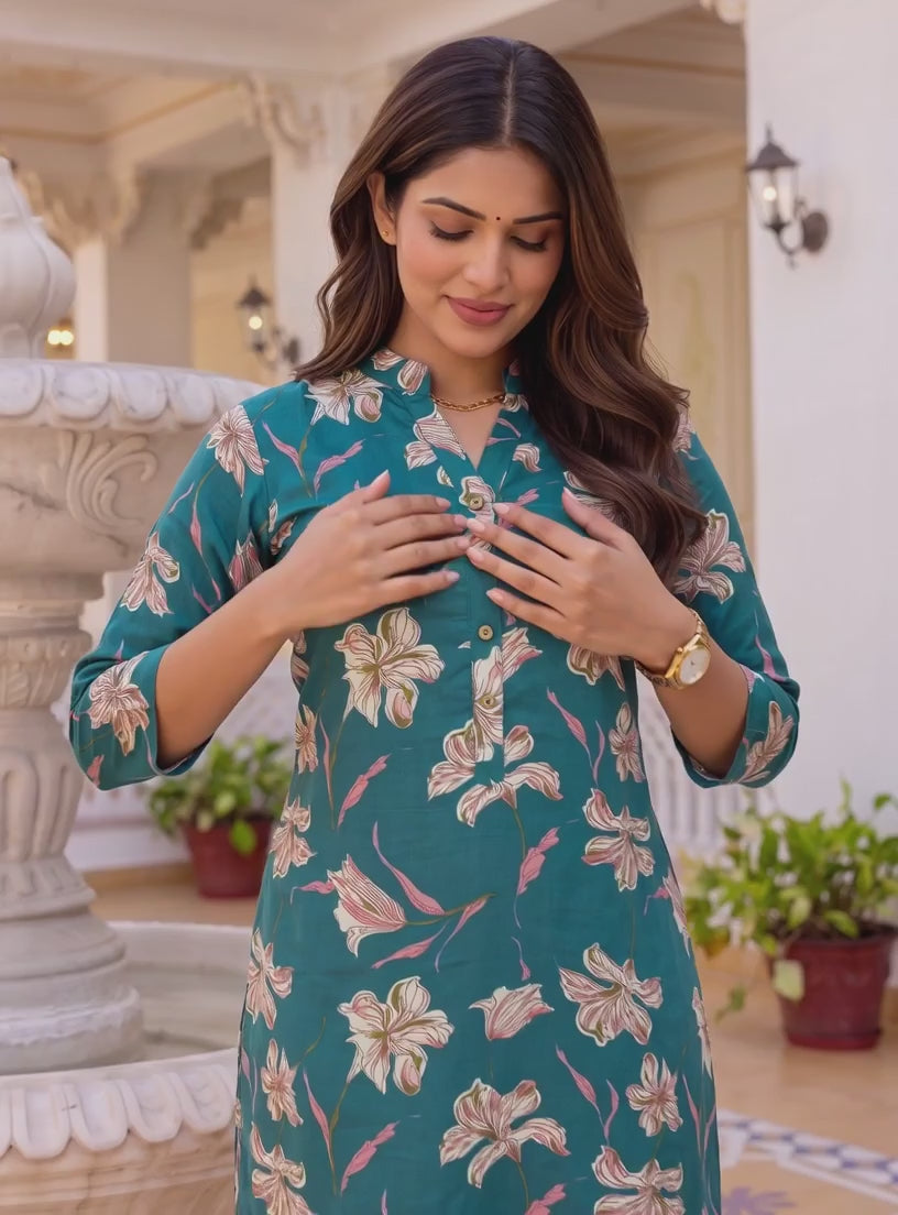 Buy Cotton Printed Straight Knee Length Kurta-Teal