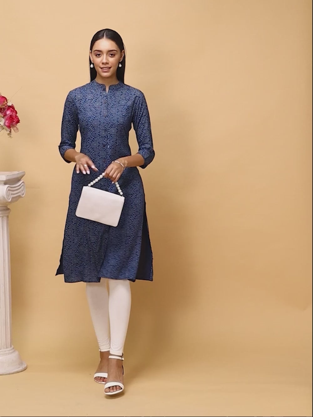 Buy Rayon Tonal Printed Calf Length A-line Kurta-Navy Blue