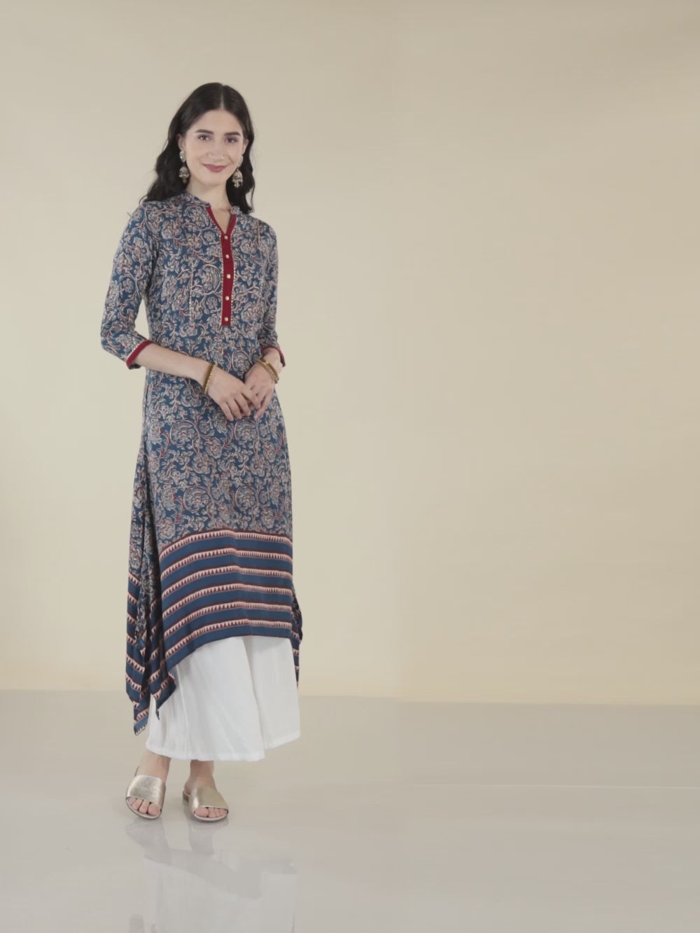 Buy Rayon Floral Printed Contrast Placket Calf Length Asymmetrical Kurta-Navy Blue