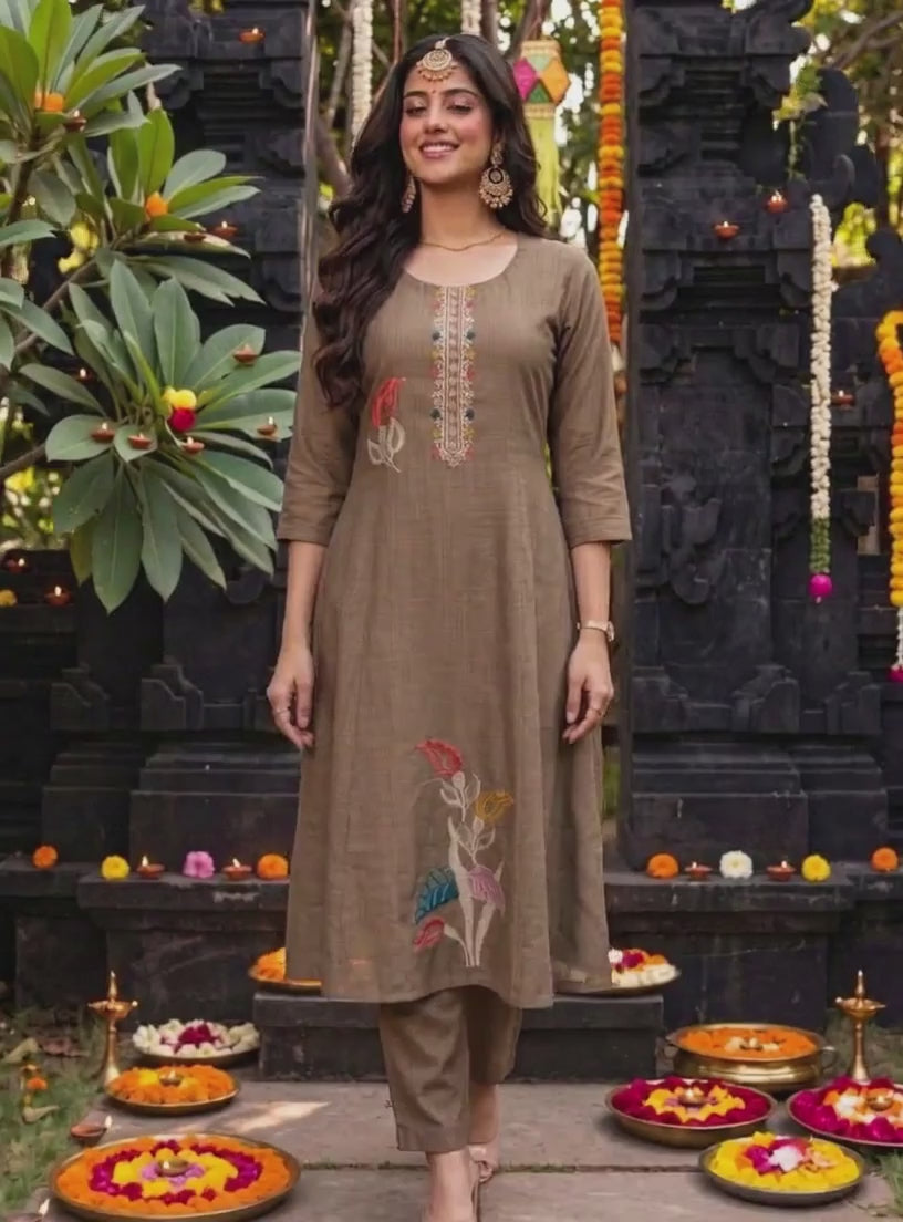 Viscose Embroidered Flared Calf Length Kurta With Pant and Dupatta