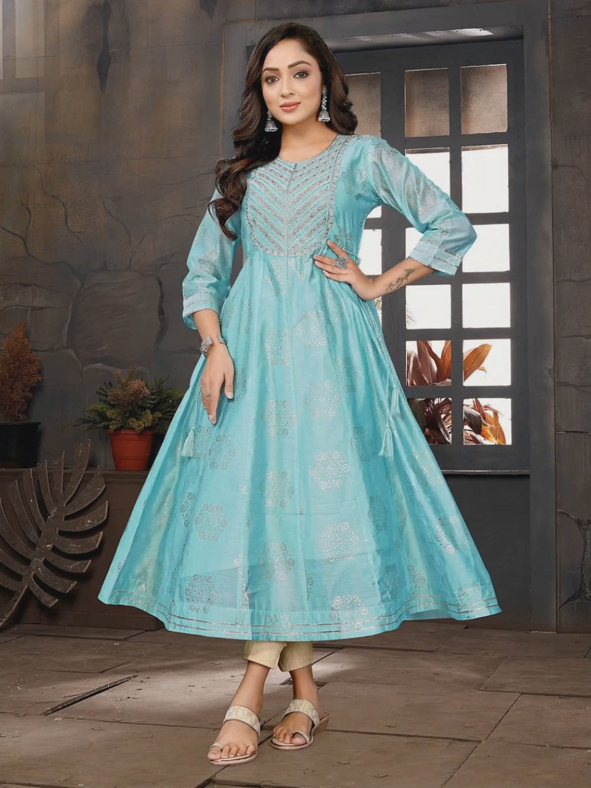 Buy Chanderi Embroidered Anarkali Calf Length Kurta with Dori on Waist-Light Blue