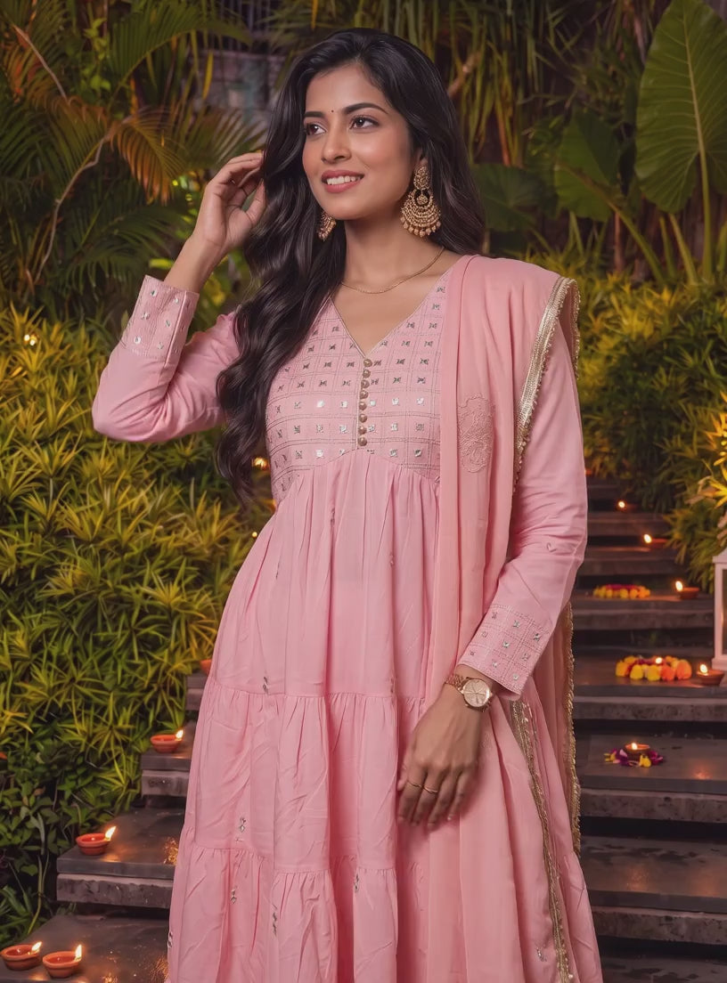 Buy Cotton Embroidered Flared Calf Length Kurta With Pant and Dupatta-Pink