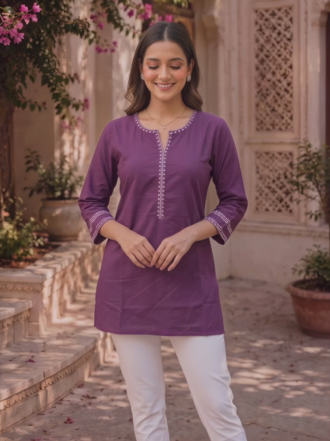 Buy Rayon Embroidered Straight Short Length Short Kurta-Mauve