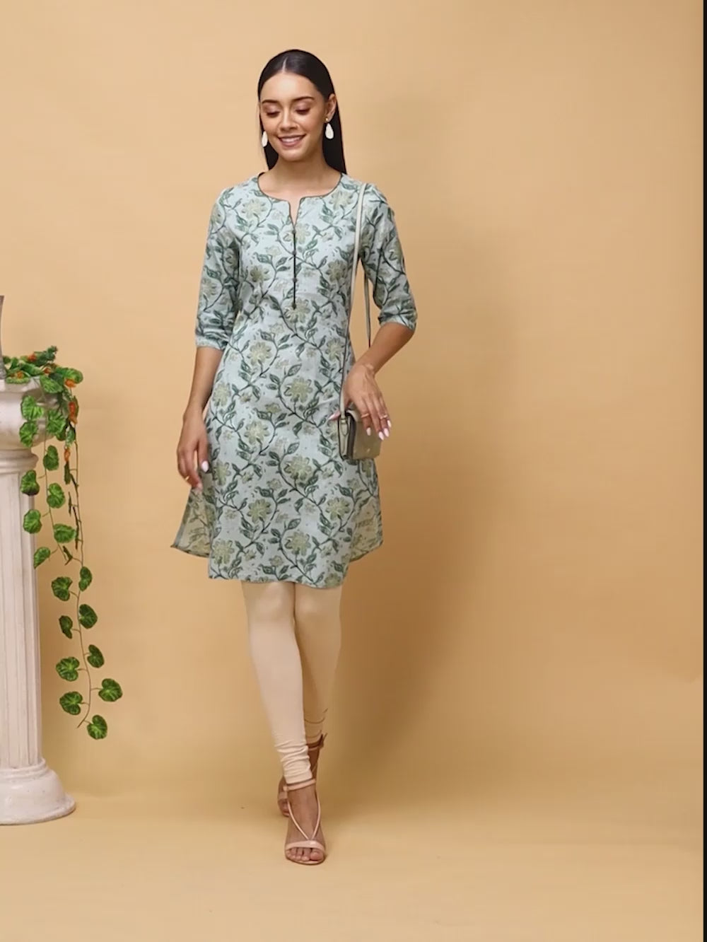 Buy 100% Cotton Floral Printed Knee Length Straight Kurta-Mint Green