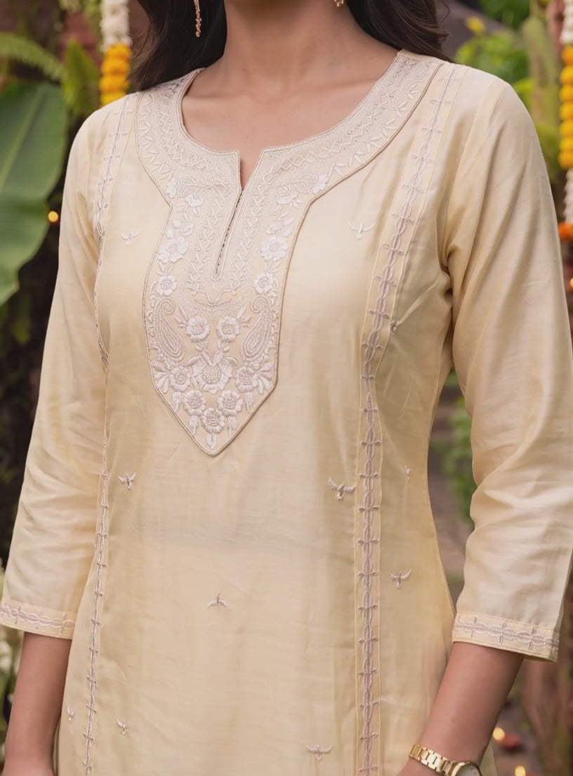 Buy Viscose Embroidered Flared Calf Length Kurta-Yellow