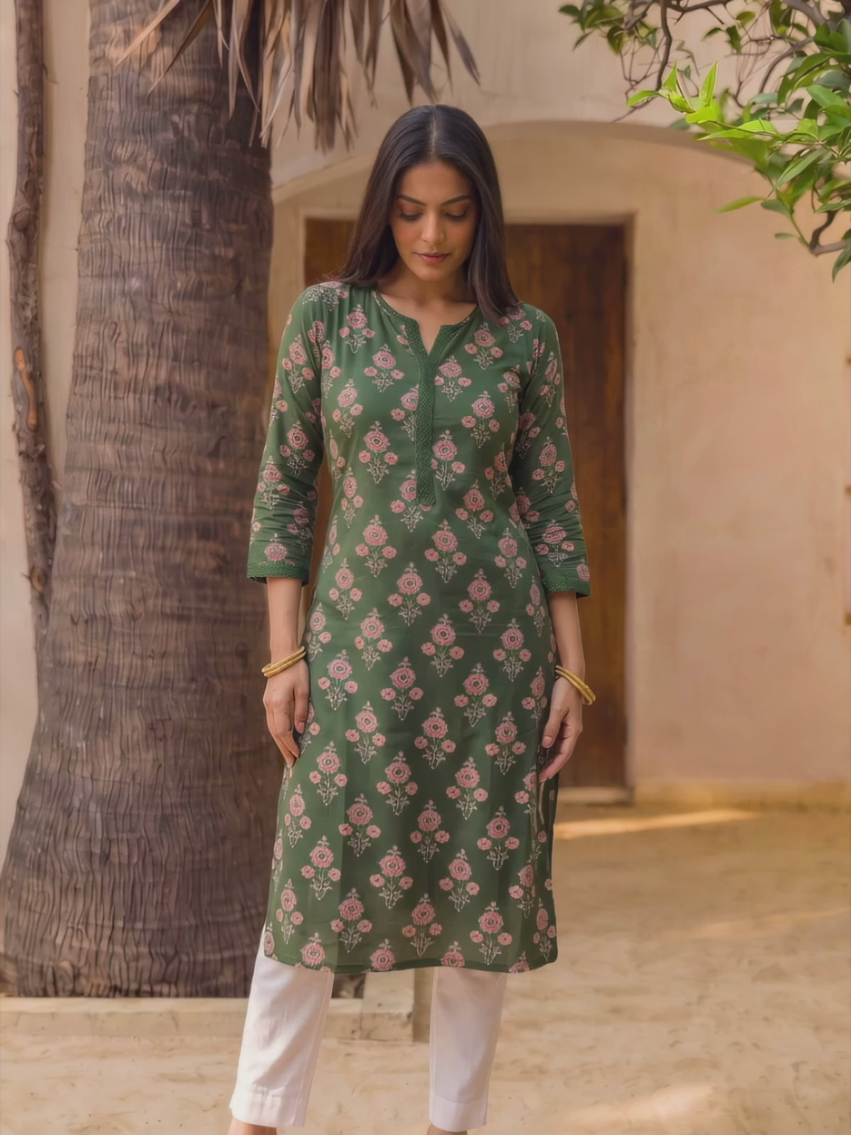 Buy Rayon Printed Straight Knee Length Kurta-Green