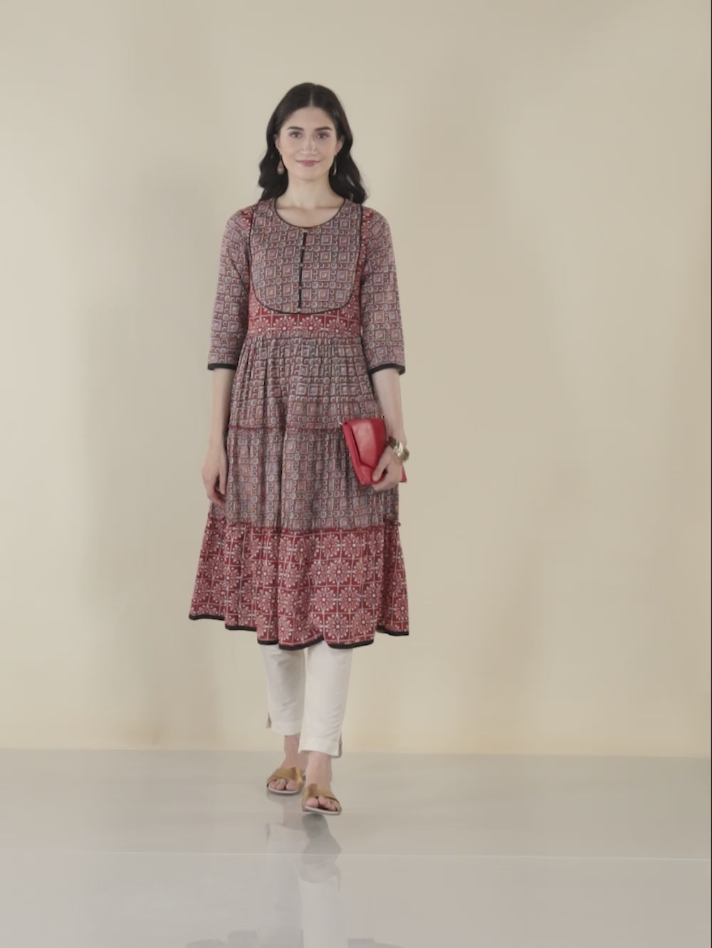 Buy 100% Cotton Ethnic Printed Calf Length Flared Tiered Kurta With Pockets-Rust