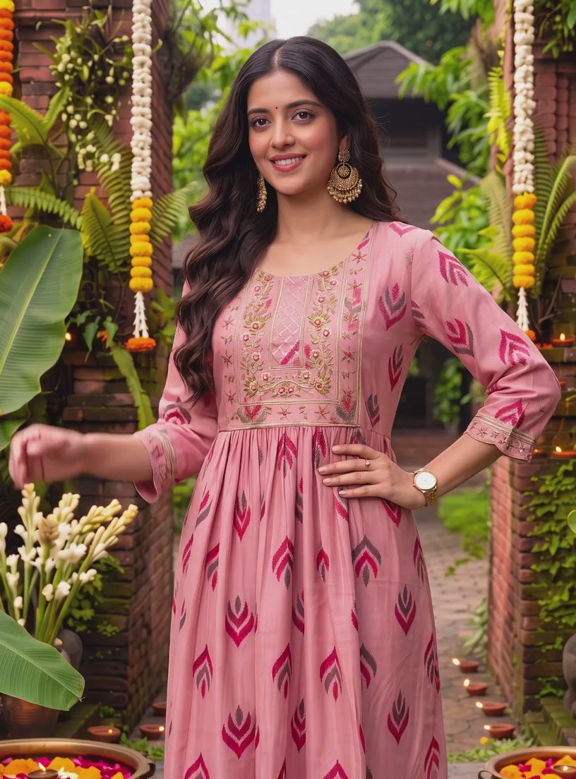 Chanderi Embroidered Flared Calf Length Kurta