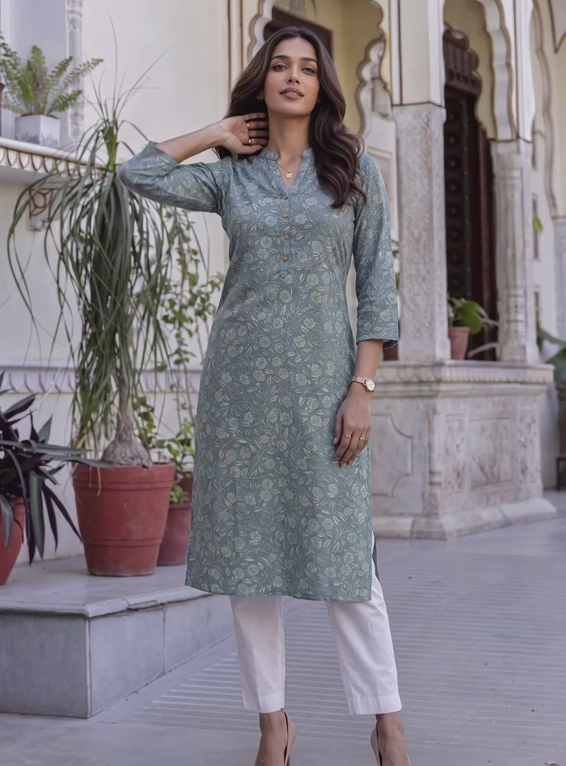 Buy Viscose Printed Straight Knee Length Kurta-Grey