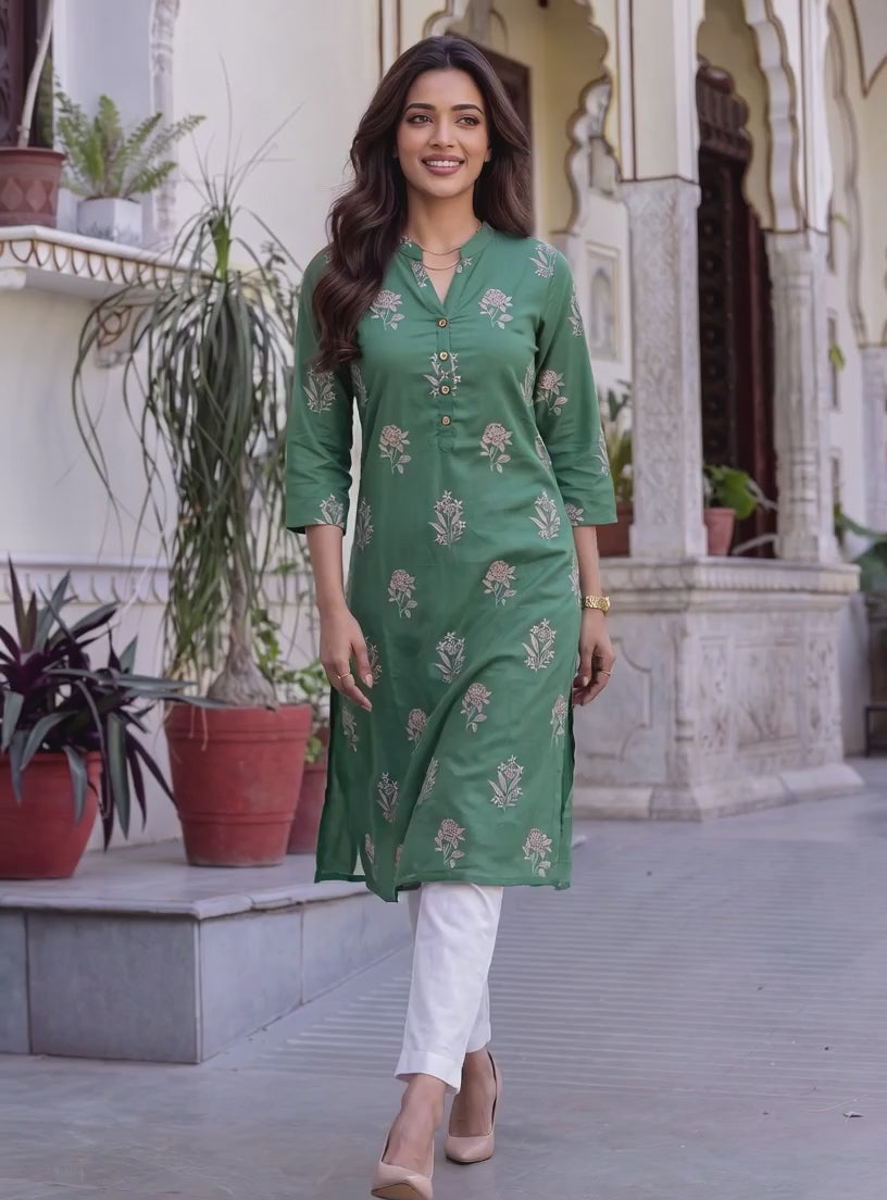 Buy Cotton Printed Straight Knee Length Kurta-Green