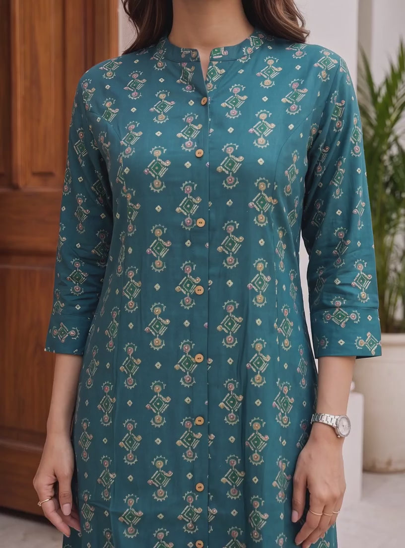 Viscose Printed A-Line Calf Length Kurta With Pant