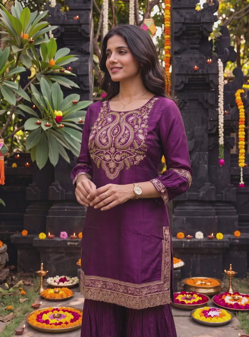 Buy Viscose Embroidered Straight Calf Length Kurta With Pant and Dupatta-Wine