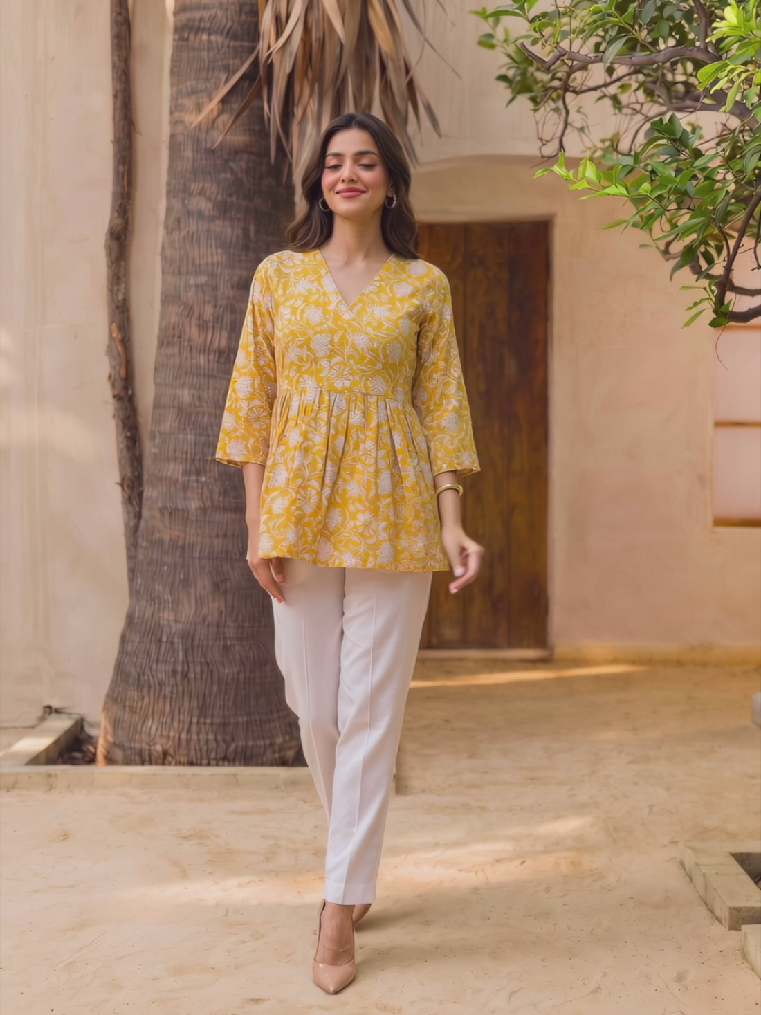 Buy Cotton Printed Peplum Short Length Short Kurta-Yellow