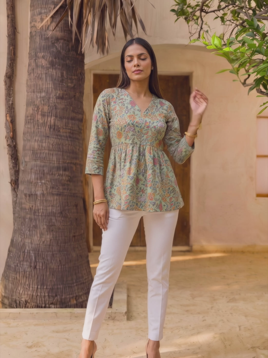 Buy Cotton Printed Peplum Short Length Short Kurta-Green