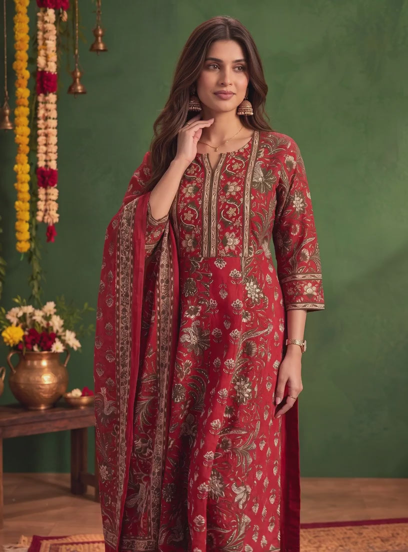 Buy Cotton Printed Flared Calf Length Kurta With Pant and Dupatta-Red