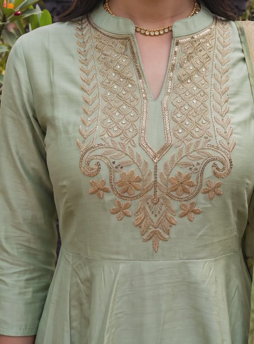 Buy Viscose Embroidered Peplum Calf Length Kurta With Pant and Dupatta-Green