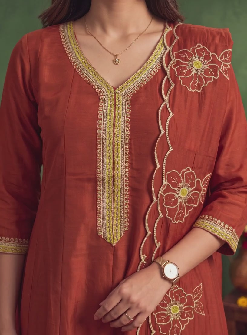Buy Viscose Embroidered Flared Calf Length Kurta With Pant and Dupatta-Rust