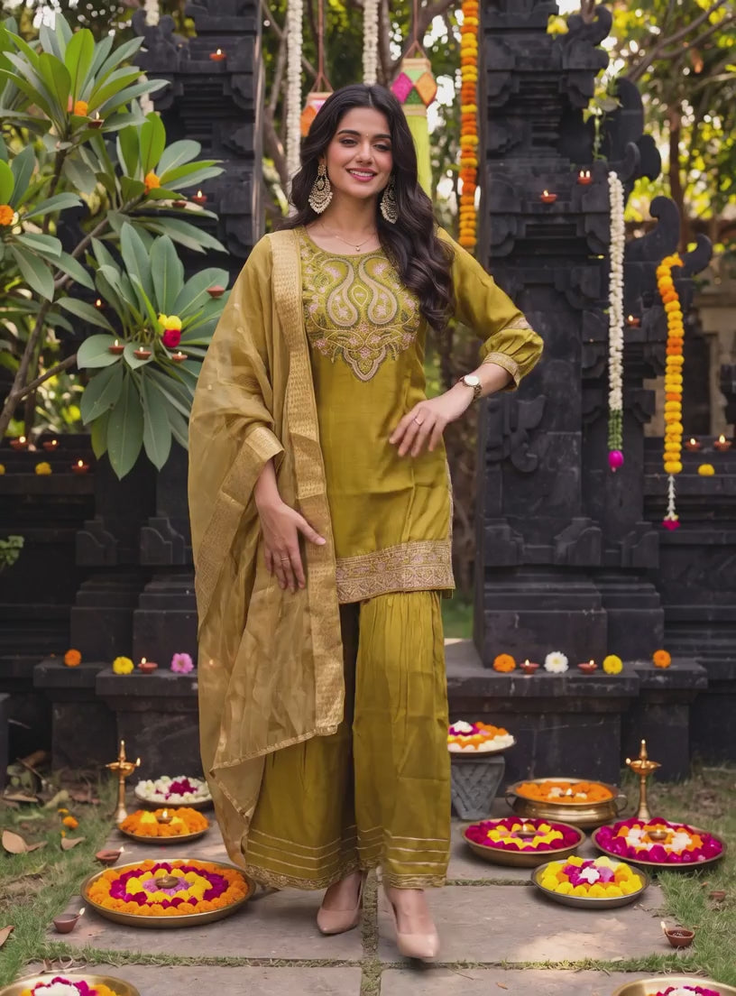 Buy Viscose Embroidered Straight Calf Length Kurta With Pant and Dupatta-Olive