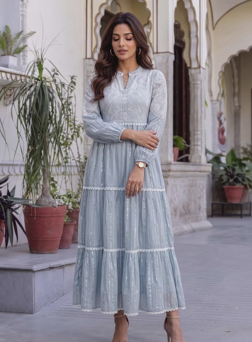 Chanderi Embroidered Flared Calf Length Dress