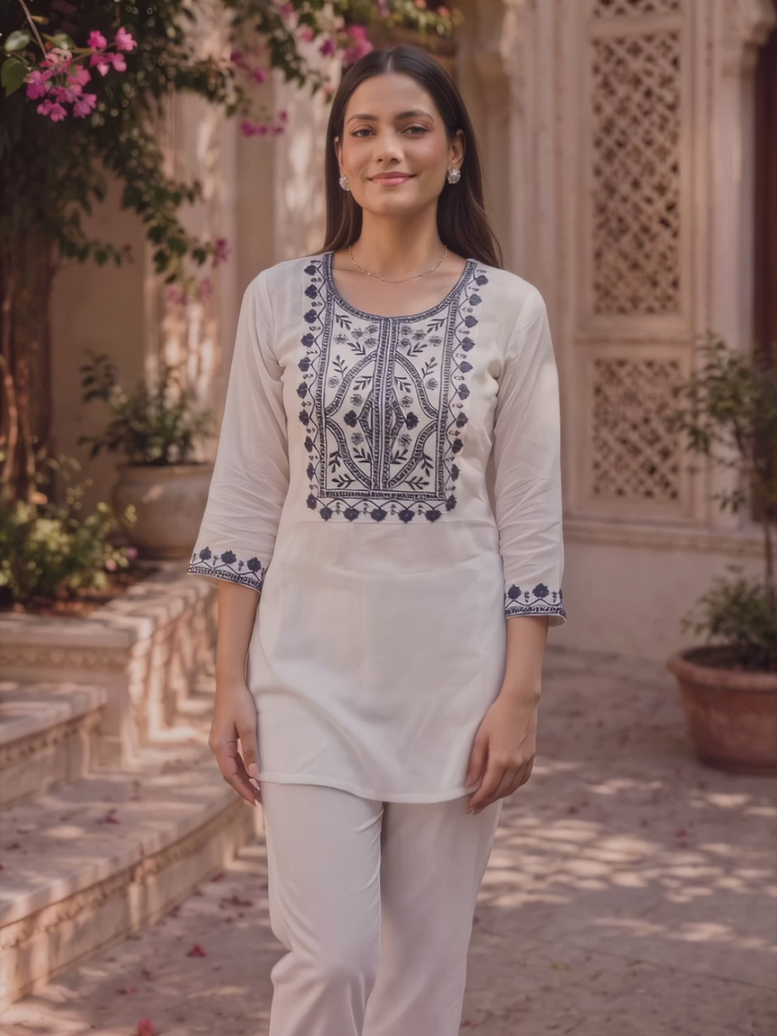 Buy Rayon Embroidered Straight Short Length Short Kurta-Off White