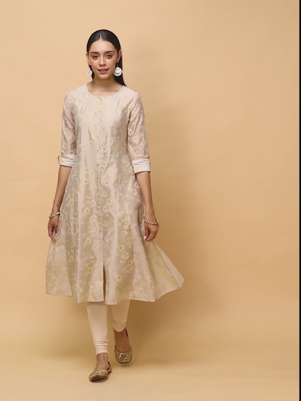 Buy Chanderi Gold Puff Printed Calf Length Kalidar Kurta-Beige