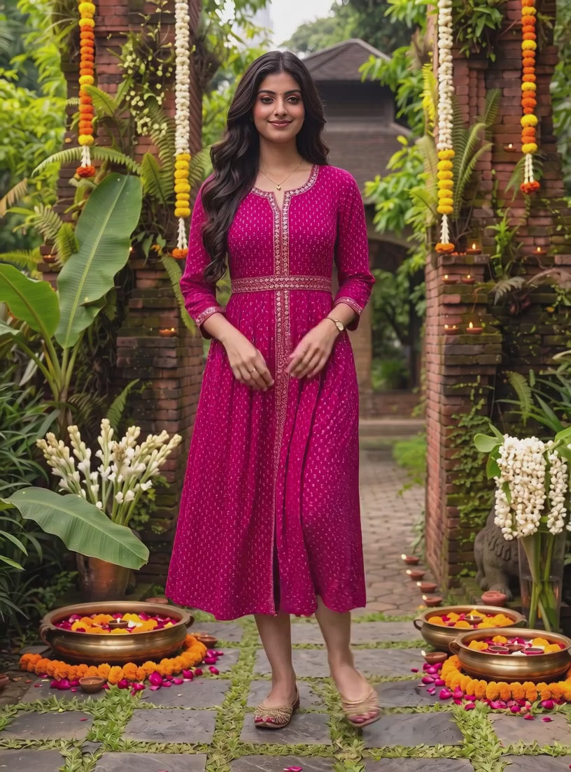 Rayon Embroidered Flared Calf Length Dress