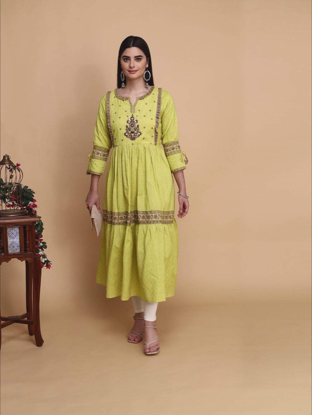 Buy 100% Cotton Yoke Embroidered Self Textured Calf Length Anarkali-Lime Green