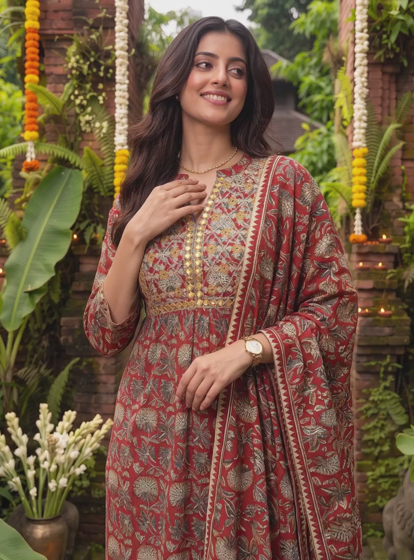 Cotton Embroidered Flared Calf Length Kurta With Pant and Dupatta