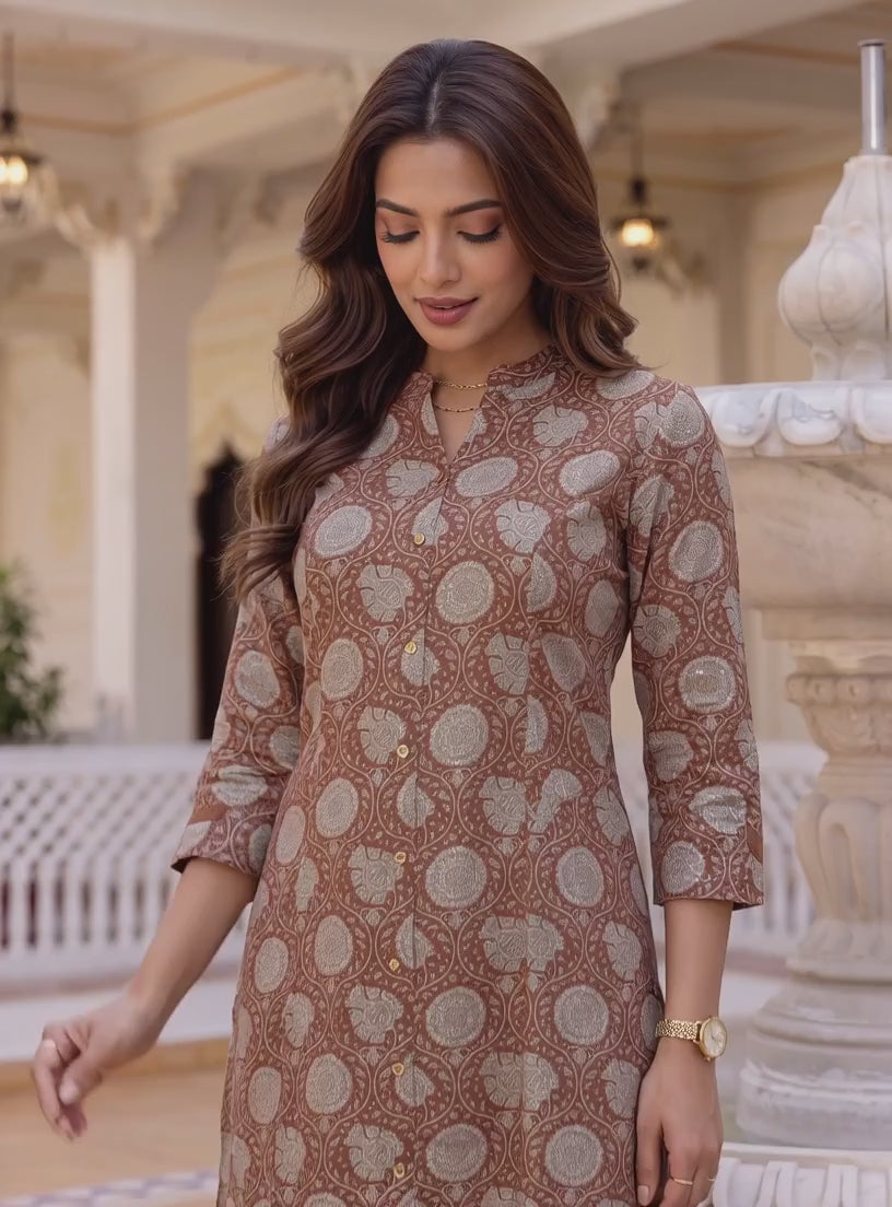 Buy Viscose Printed A-Line Calf Length Kurta With Pant-Brown