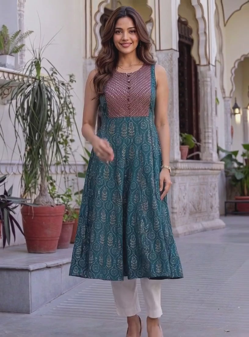 Buy Chanderi Embroidered Flared Calf Length Kurta-Blue