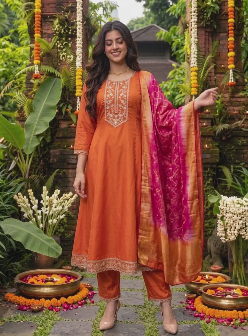 Viscose Embroidered Flared Calf Length Kurta With Pant and Dupatta