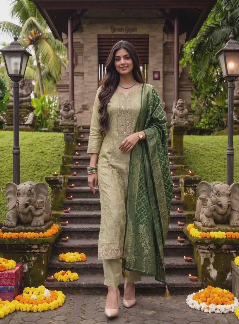 Rayon Embroidered Straight Calf Length Kurta With Pant and Dupatta