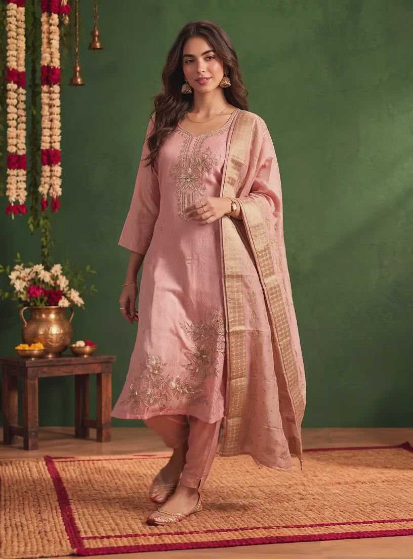 Viscose Embroidered Straight Calf Length Kurta With Pant and Dupatta