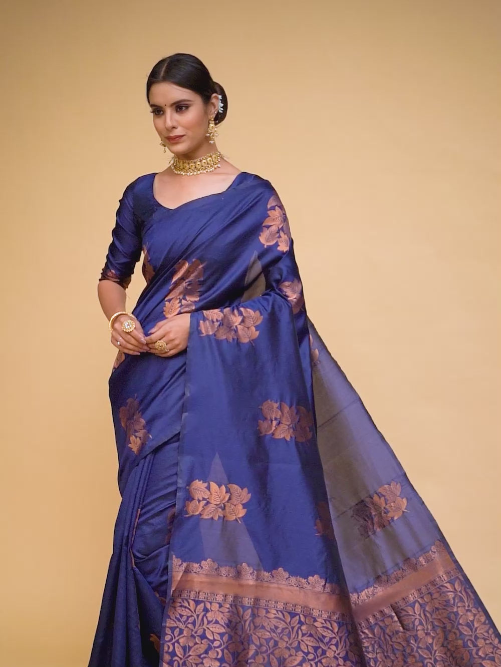 Buy Banarasi Silk Jacquard Saree With Blouse Piece-Navy Blue