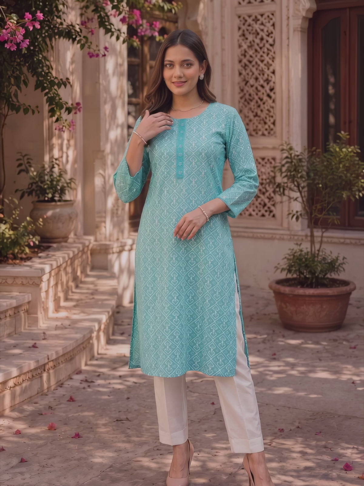 Buy Cotton Embroidered Straight Knee Length Kurta-Light Blue