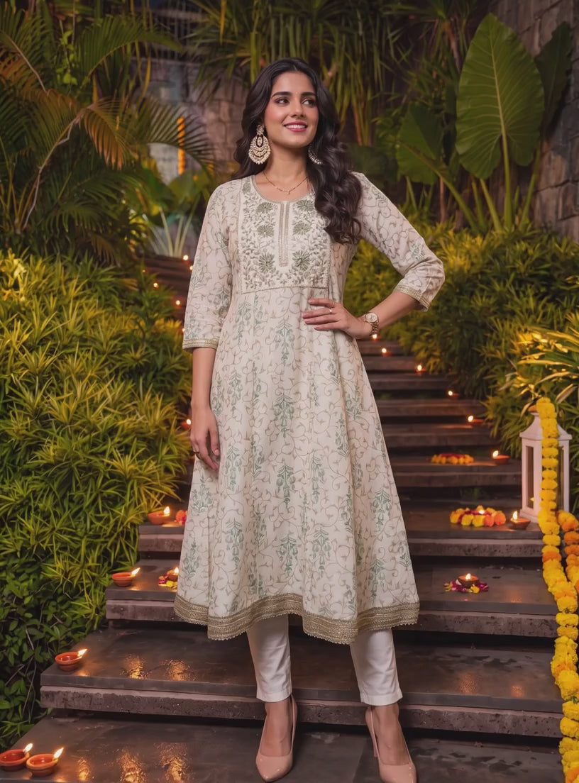 Viscose Embroidered Flared Calf Length Kurta