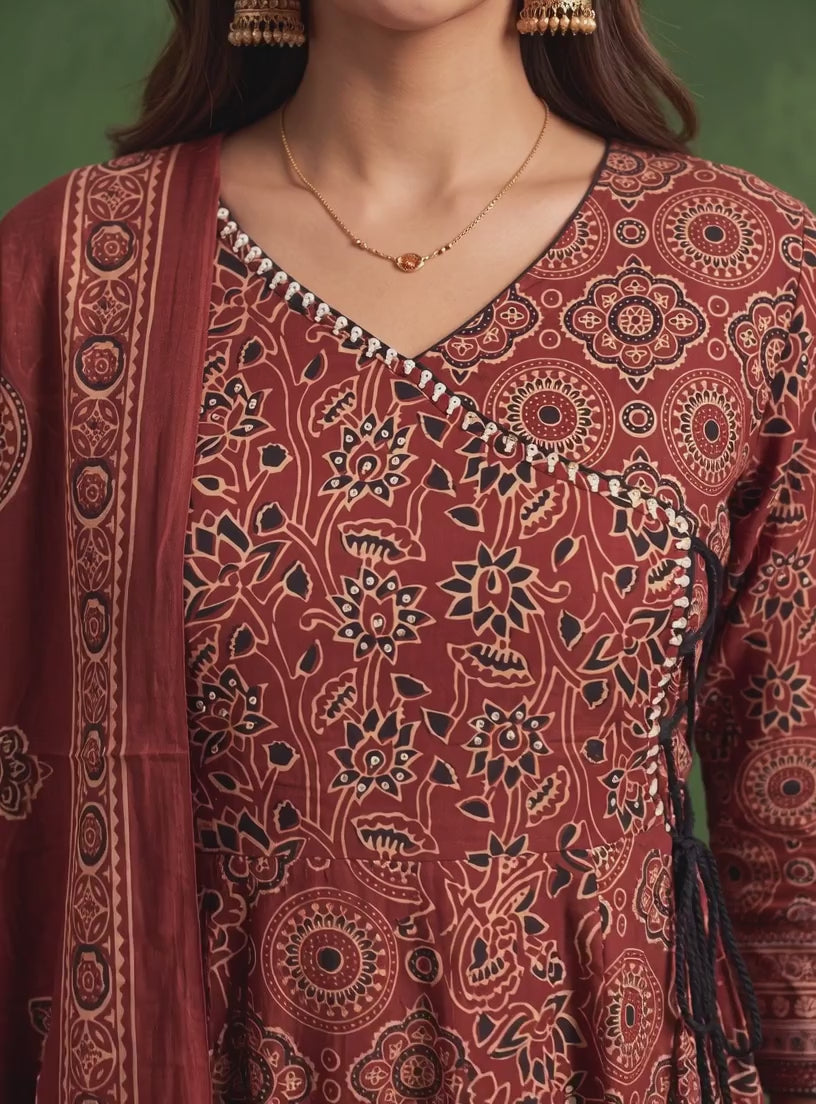 Buy Cotton Printed Flared Calf Length Kurta With Pant and Dupatta-Rust