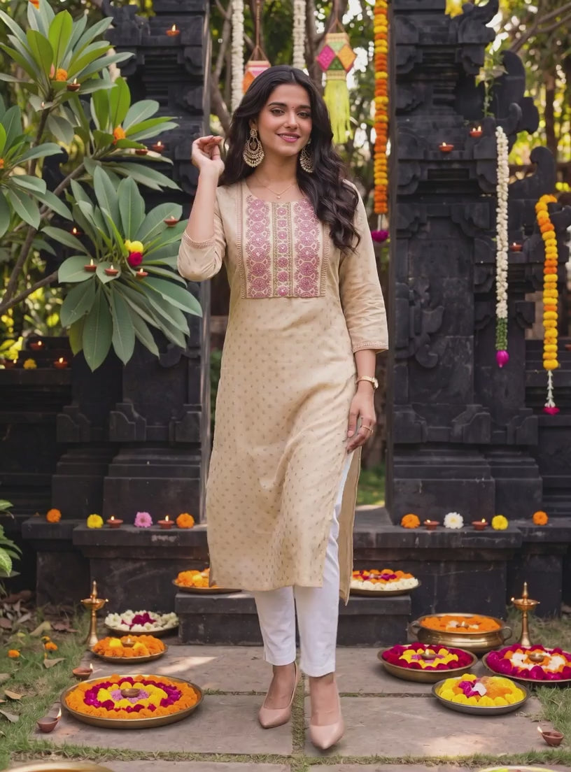 Cotton Embroidered Straight Calf Length Kurta