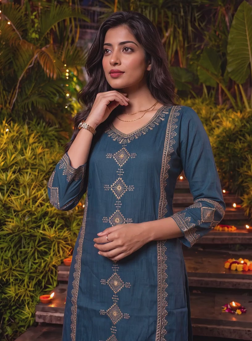 Viscose Embroidered Straight Calf Length Kurta