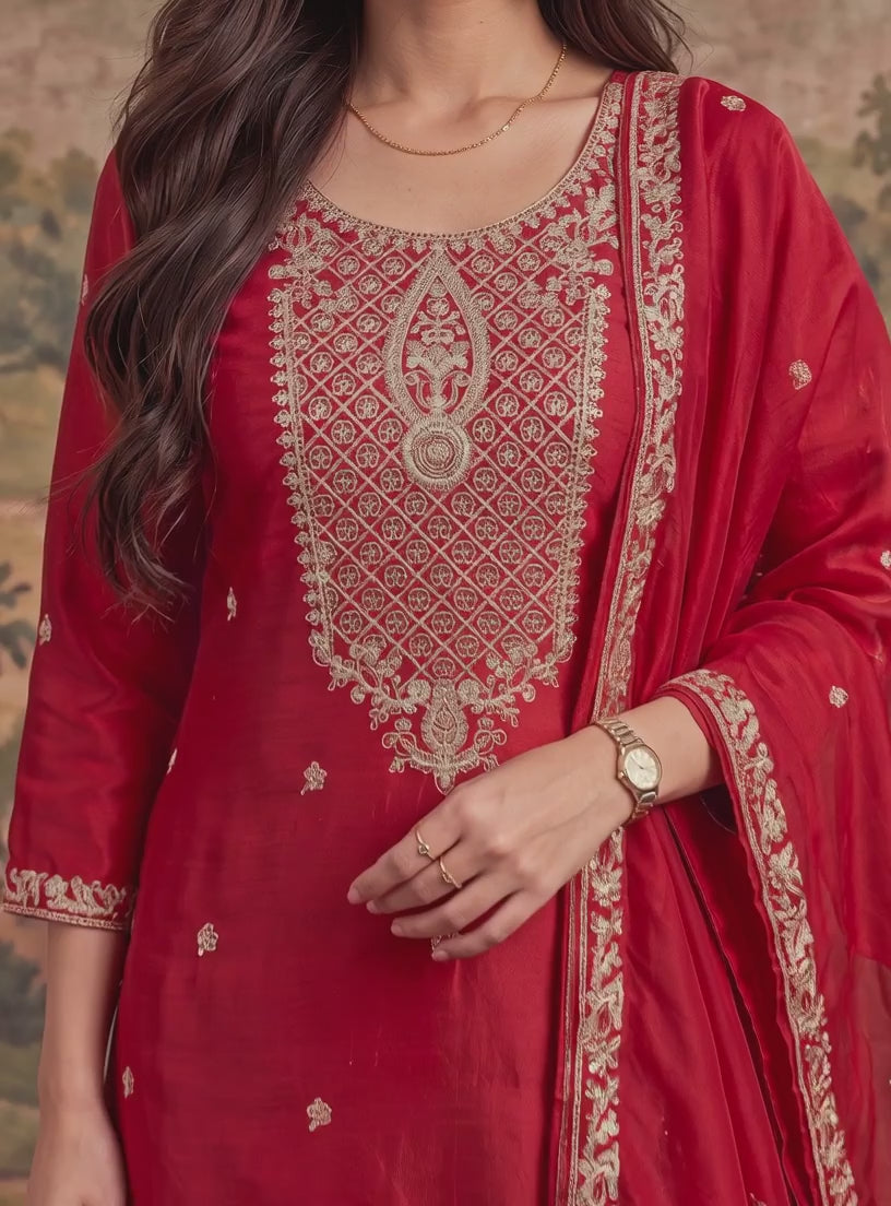 Buy Viscose Embroidered Straight Thigh Length Kurta With Palazzo and Dupatta-Fuchsia