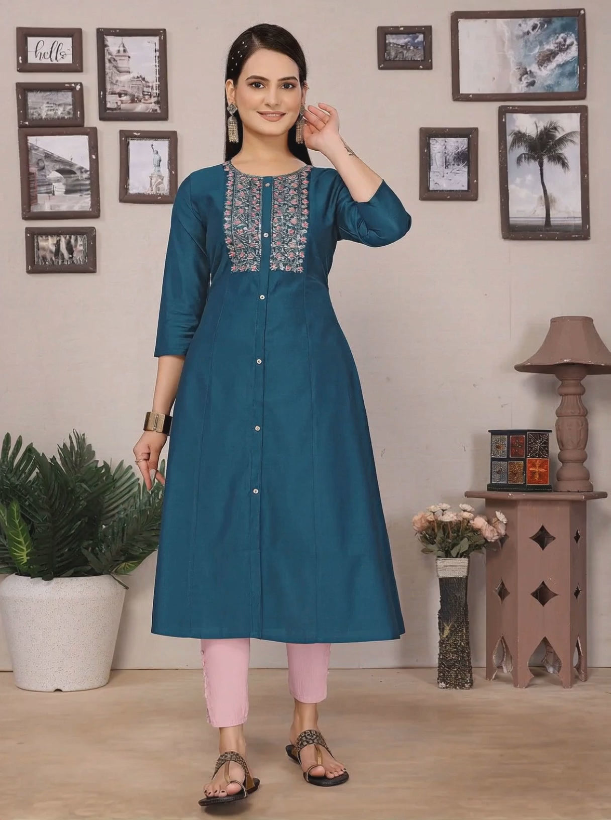 Buy Viscose Poly Embroidered A-line Calf Length Kurta-Teal