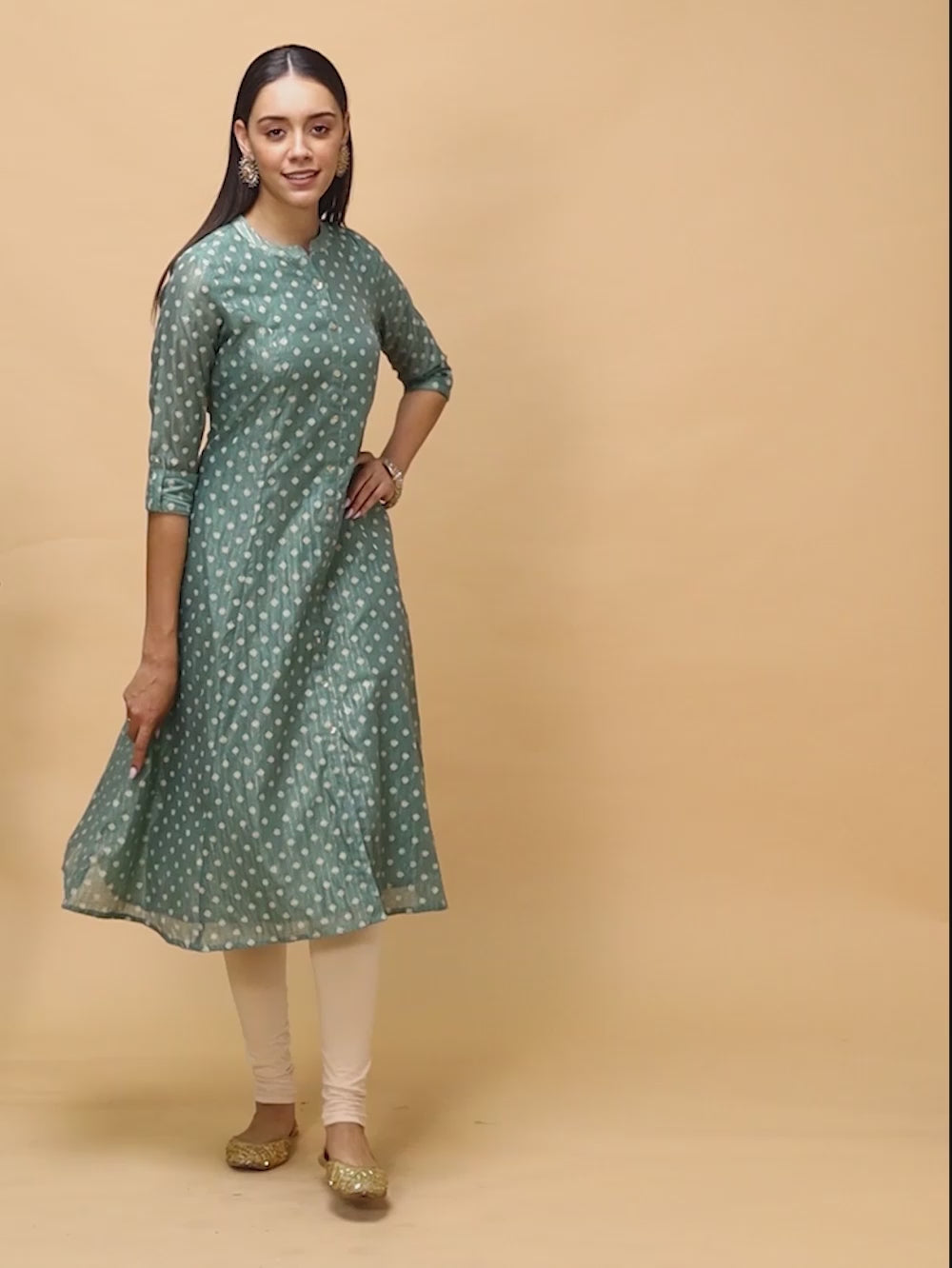 Buy Chanderi Printed Calf Length Kalidar Kurta-Green