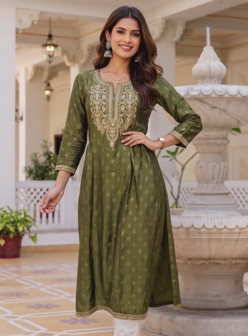 Buy Viscose Embroidered Flared Calf Length Kurta-olive