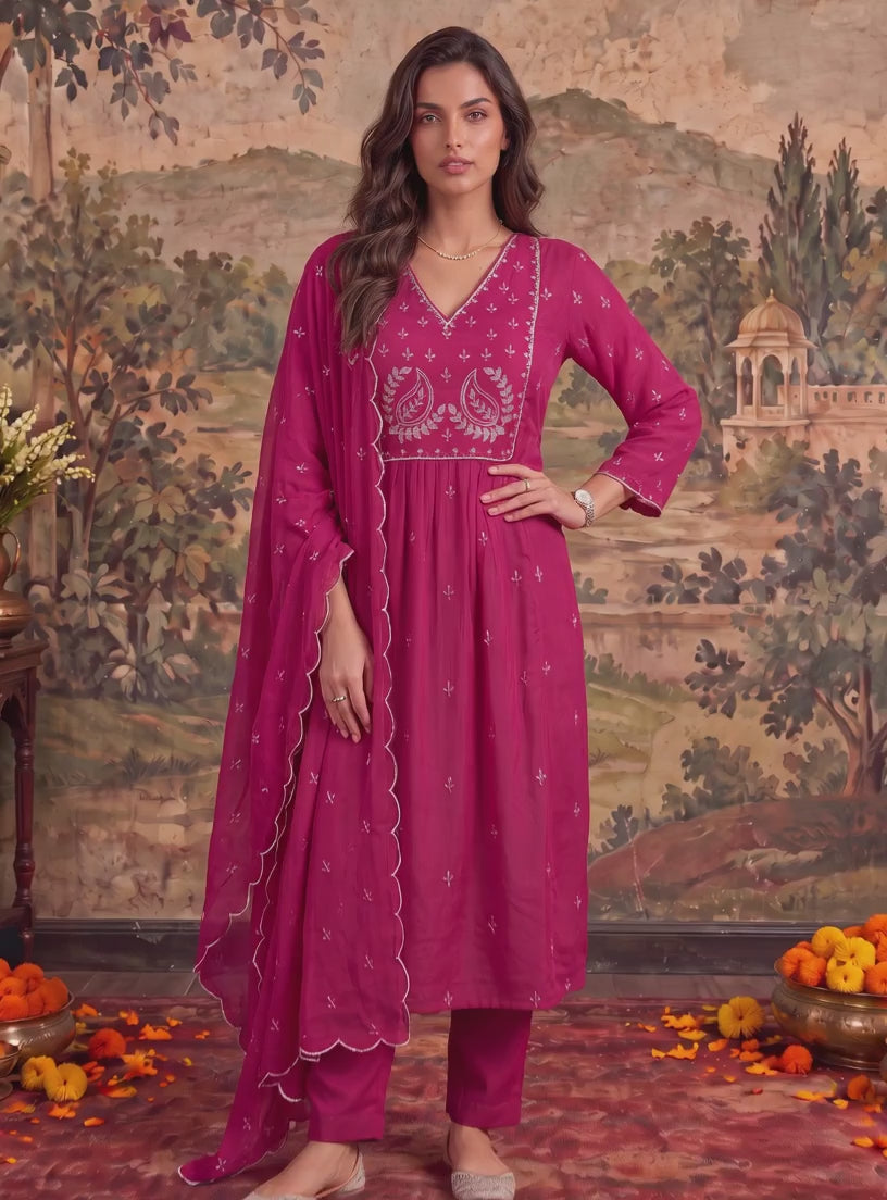 Buy Cotton Embroidered Flared Calf Length Kurta With Pant and Dupatta-Fuchsia